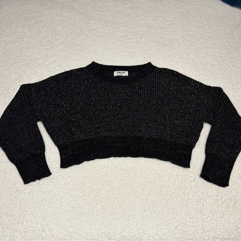 Double Zero Women Black and Gold Soft Knit Crewneck Crop Sweater